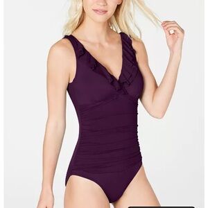 Ralph Lauren Tummy Control Underwire Ruffle One-Piece Swimsuit with V-Neck Small